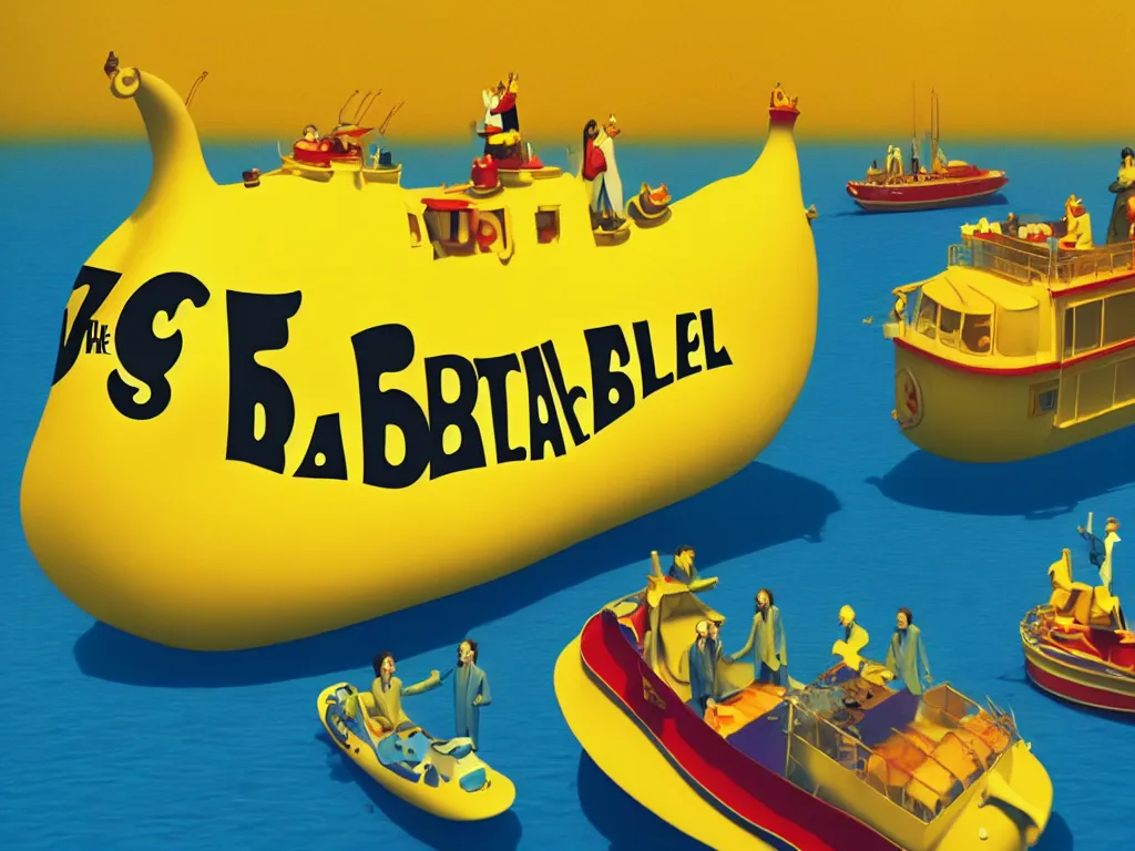 Image similar to yellow submarine by the beatles, photorealistic painting, cgi, low volumetric light, movie still, very cute and cozy and fluffy and sweet