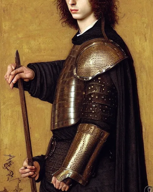 Image similar to timothee chalamet medieval portrait, armored priest, delicate detailed medieval portrait in the style of eugene de blaas, perfect face