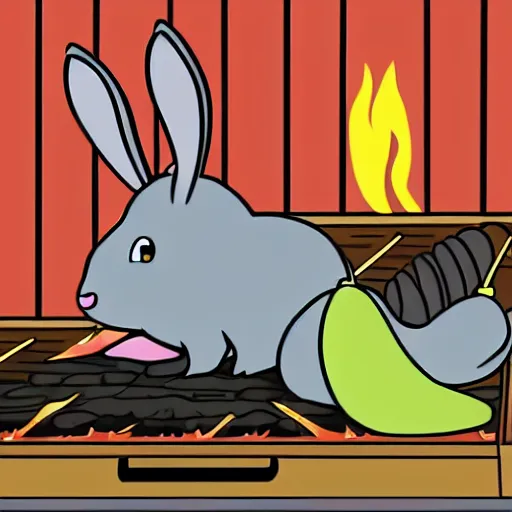 Image similar to cartoon of a pet rabbit sweating scared by the bbq grill