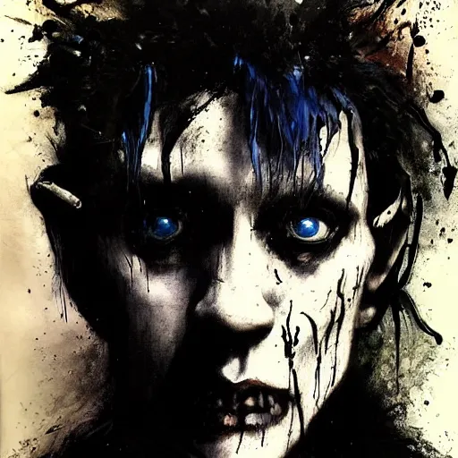 Image similar to emaciated ( the cure fan ) as dream from sandman, dim stars as eyes, by jeremy mann, by cedric peyravernay, by by russ mills, by richard avedon and ben templesmith, dramatic lightning, sadness, dark eye sockets, in the shadows, punk rock, gothic, high detailed, 8 k