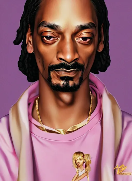 Image similar to dreamlike luxury snoop dogg portrait, pale pink and gold kimono, art by artgerm, wlop, loish, ilya kuvshinov, 8 k realistic, hyperdetailed, beautiful lighting, detailed background, depth of field, symmetrical face, frostbite 3 engine, cryengine,