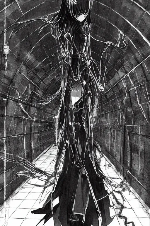 Prompt: beautiful coherent award-winning manga cover art of a mysterious lonely anime woman wearing a plugsuit and traversing an endless concrete hallway, by tsutomu nihei