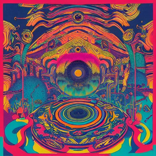 Prompt: a psychedelic record jacket of khruangbin band by james jean, paul lehr, krizpii, christian orrillo, risography print,