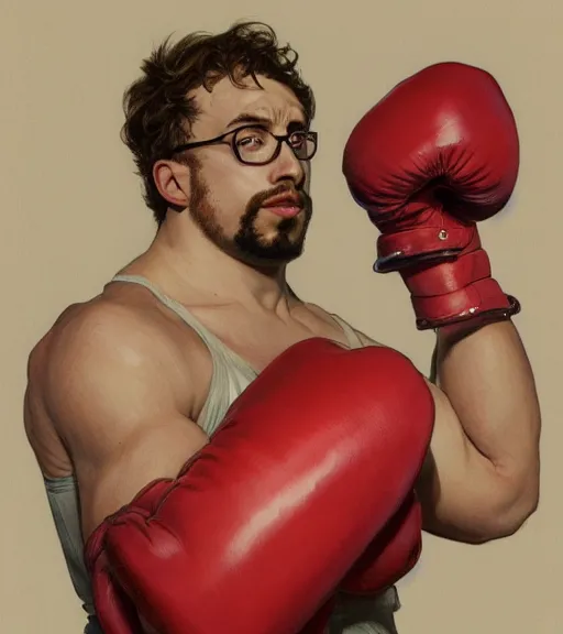 Image similar to Gigachad Sam Hyde ready for battle, boxing stance, wearing big mecha red boxing gloves , sigma male, accurately portrayed, portrait art by alphonse mucha and greg rutkowski, highly detailed, digital painting, concept art, illustration, dim lighting with twilight rays of sunlight, trending on artstation, very detailed, smooth, sharp focus, octane render, close up