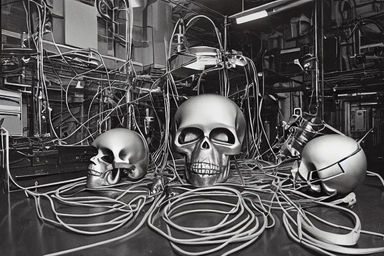 Prompt: large metallic skull sitting atop a pile of thick coiled power cable, stoic and calm, inside of an unlit 1970s science lab, ektachrome photograph, volumetric lighting, f8 aperture, cinematic Eastman 5384 film