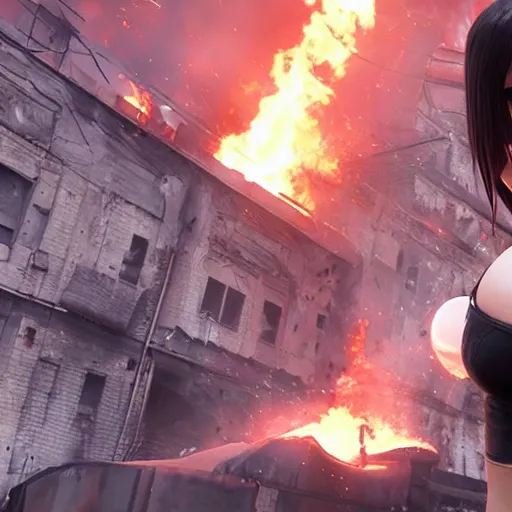 Image similar to a giant giga sized tifa from final fantasy 7 remake having fun destroying a city while smiling, digital art, octane render, award winning, very detailed, full body portrait, 3d render, detailed facial expressions, destroyed city, 4k destruction, fire, video game art, no text, ray tracing