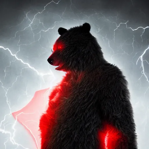 Image similar to berserker bear, wearing hood and torn cape, red glowing eyes, wearing magic orb in neck, dark background, cinematic lightning, hyper realism, centered, white and black clothing, black hair, exquisite detail, 4k