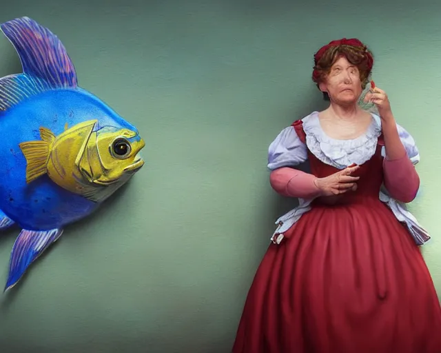 Prompt: an innocent and beautiful scene in hyper realistic style, about an old and lonely woman painting a huge colorful fish on the wall, and modeling a victorian dress. 4 k. wide angle. wild. red mouth, blue eyes. deep focus, lovely scene. ambient occlusion render. unreal engine.