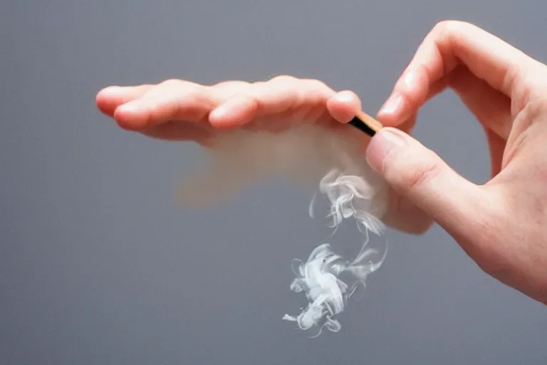 Image similar to Close-up of thin soft hand, hand with cigarette with smoke, hand with five fingers, hyper realistic, high details, photo, super resolution