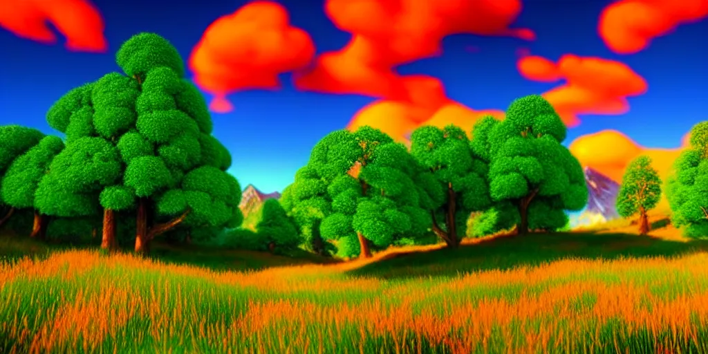 Image similar to a beautiful 3 d fantasy landscape art, orange clouds in the blue sky and green trees, snowy mountains, 3 d art in bob ross style, unreal engine 5, hyper realism