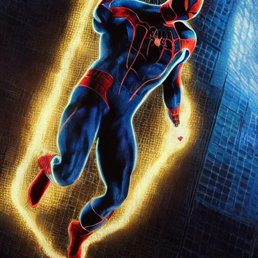 Image similar to ryan reynolds as spider - man, wearing a black and blue suit, cinematic, volumetric lighting, f 8 aperture, cinematic eastman 5 3 8 4 film, photorealistic by greg rutkowski, by stanley artgerm, by alphonse mucha