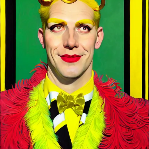 Prompt: art by joshua middleton, a close up portrait of the golden creeper, a tall manically smiling yellow - skinned man with green and black striped cycling shorts and wearing a long red and black striped ostrich feather boa, yellow makeup, mucha, kandinsky, poster, art deco motifs, comic art, stylised design, scarlet feather boa