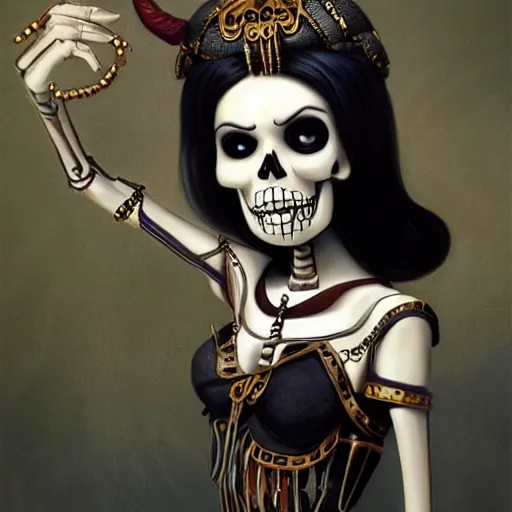 Image similar to cute & beautiful smug smiling undead skeleton girl with very attractive face and black hair dressed as a cleopatra, elegant, digital art, fullbody painting, fantasy, pixar style, painting, pin up, highly detailed, artstation, art by artgerm, vrubel, greg rutkowski, ilya kuvshinov, raymond swanland