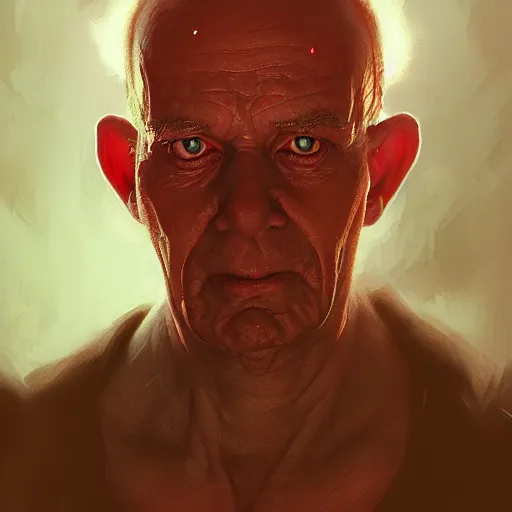 Image similar to portrait of a red bald man with black eyes and a black teeth, horror, glowing eyes, by Stanley Artgerm Lau , greg rutkowski, thomas kindkade, alphonse mucha, loish, norman rockwell. Trending on artstation detailed illustration hd 4k