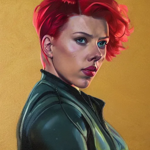 Prompt: greg manchess portrait of scarlett johansson as thick muscular weightlifter zarya from overwatch with ponytail and red hair, medium shot, asymmetrical, profile picture, organic painting, sunny day, matte painting, bold shapes, hard edges, street art, trending on artstation, by huang guangjian and gil elvgren and sachin teng