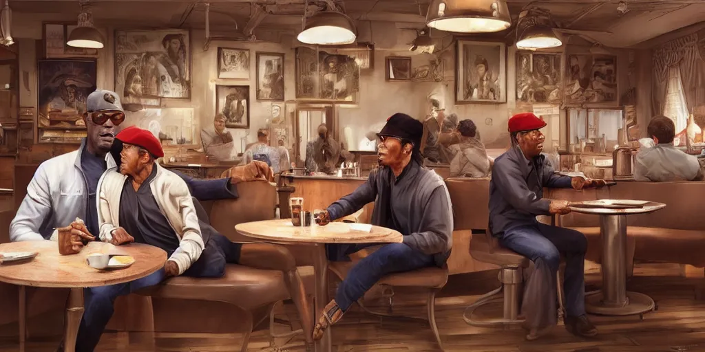 Image similar to painting highly detailed full - body samuel l jackson and john travolta posing in cafe, perfect symmetrical eyes, by eddie mendoza and tyler edlin, 8 k resolution, digital art, hyper realistic