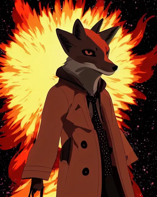 Image similar to a fox in a black trench - coat in front of a huge explosion in the middle of a war, style of anime