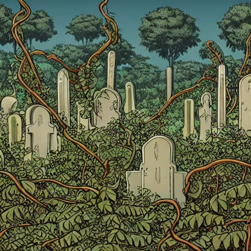 Prompt: precisely drawn illustration of ancient cemetery overgrown with blackberry vines and white orchids, wide angle, sharp, fine details, French comic style, vibrant realistic colors, full color, heroic fantasy, intense line art, 8k, precise linework, realistic, in the style of Richard Corben and Moebius