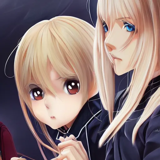 Prompt: blonde anime girl with long hair, wearing headmistress uniform, talking with aloof anime man with emo hair, sharp details, subsurface scattering, intricate details, art by artgerm, anime, anime hd wallpaper, 2 0 1 9 anime screenshot