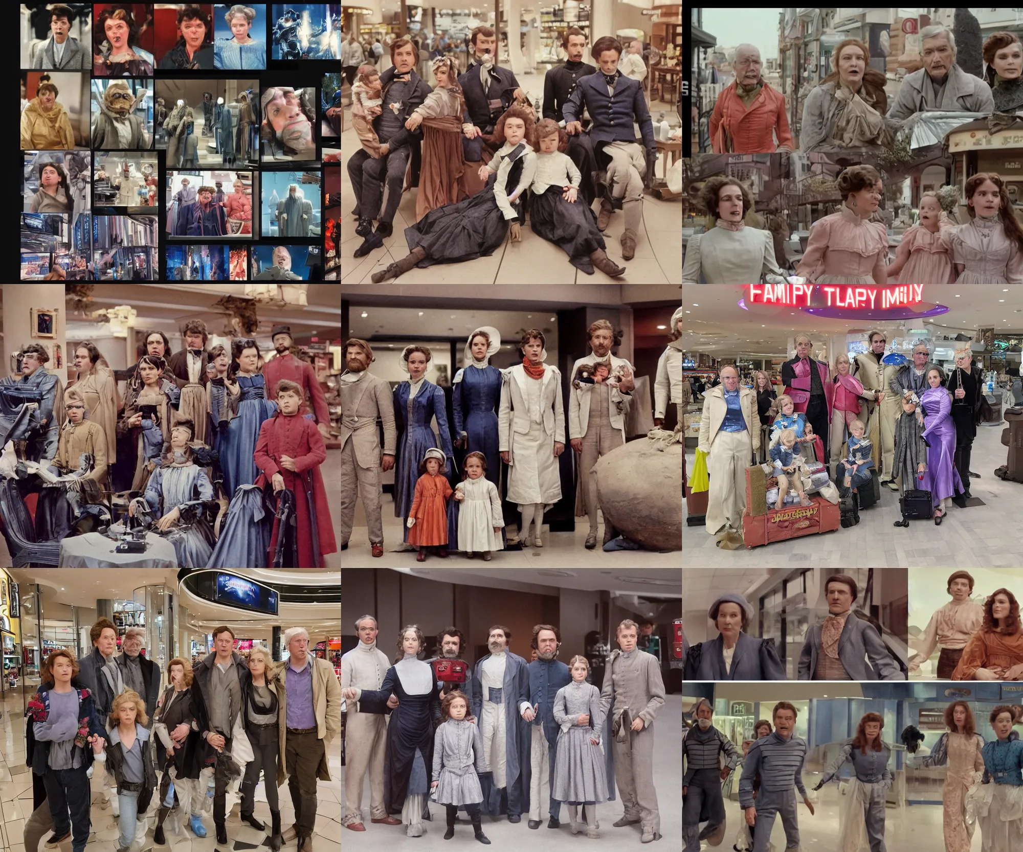 Prompt: sharp, highly detailed, 8000k film, 7000mm film, high quality frame scan from a sci fi blockbuster color movie made in 2019, a family of four time travelers from 1860 travel in time to 2019, appearing in a shopping mall, looking surprised, the family are all wearing 1860s era clothes, good lighting, in focus, cinematic still, high quality scan, in focus, 35mm macro lens, oscar winner, award winning lighting, award winning photography, ultra high definition