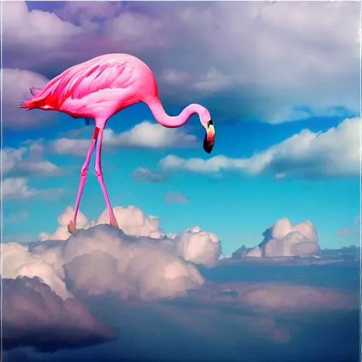 Prompt: goddess wearing a flamingo fashion on the clouds, photoshop, colossal, creative, giant, digital art, photo manipulation, clouds, sky view from the airplane window, covered in clouds, girl clouds, on clouds, covered by clouds