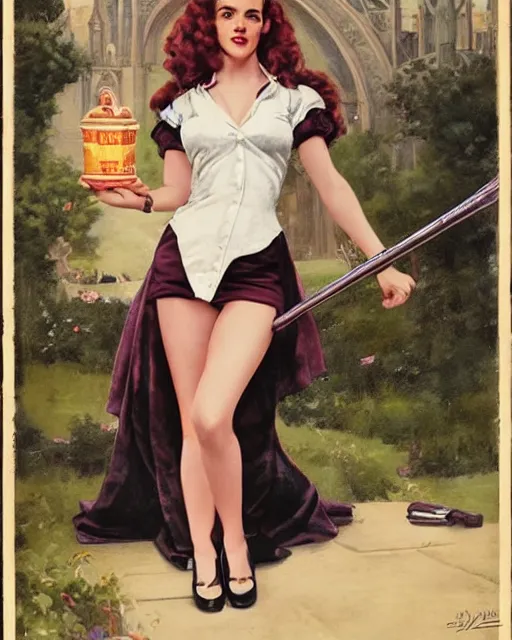 Image similar to pinup photo of hermione granger by emma watson in the crowded square of hogwarts, gil elvgren, enoch bolles, edward robert hughes, henry justice ford, glossy skin, pearlescent, very coherent, very detailed