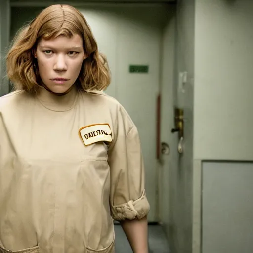 Prompt: Lea Seydoux as a prison guard in a french prison in a Wes Anderson Movie