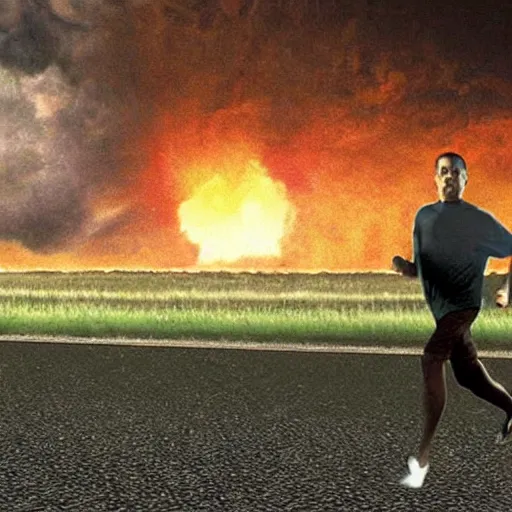 Image similar to cctv footage of a man running across a field, in the background is a large explosion, highly detailed, very realistic.