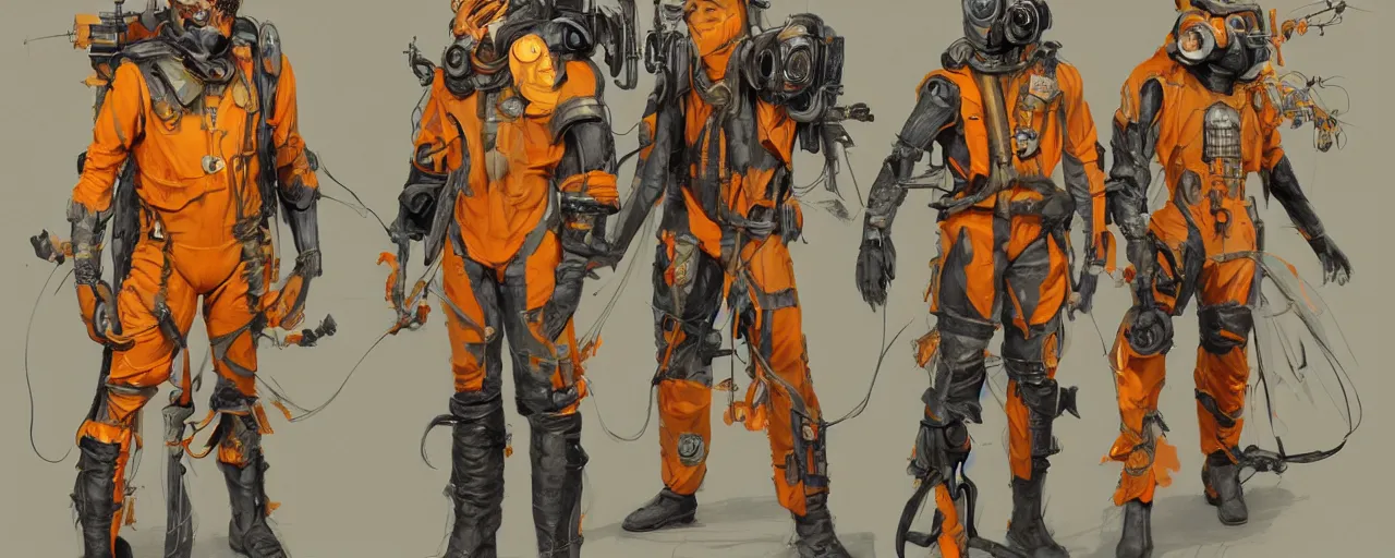 Prompt: character design, reference sheet, gaunt, 70's jetfighter pilot, unshaven, optimistic, dirty yellow and orange flight suit, scuffed exoskeleton in a dark hangar, concept art, photorealistic, hyperdetailed, 3d rendering!, studio lighting , art by Leyendecker! and thomas moran,