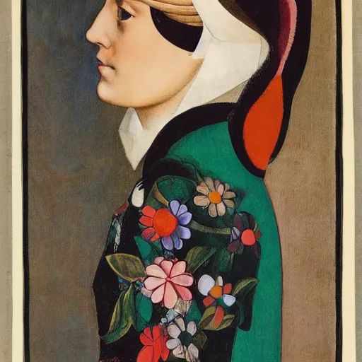 Image similar to portrait of a harpy changing into a flower, fashion editorial by hans holbein and alexej von jawlensky