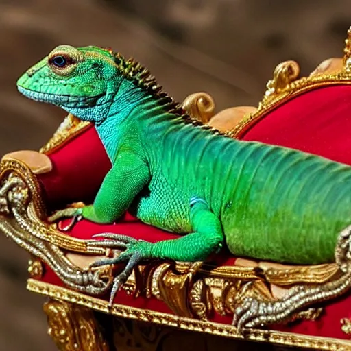 Prompt: queen elizabeth 2 nd as a lizard on her throne