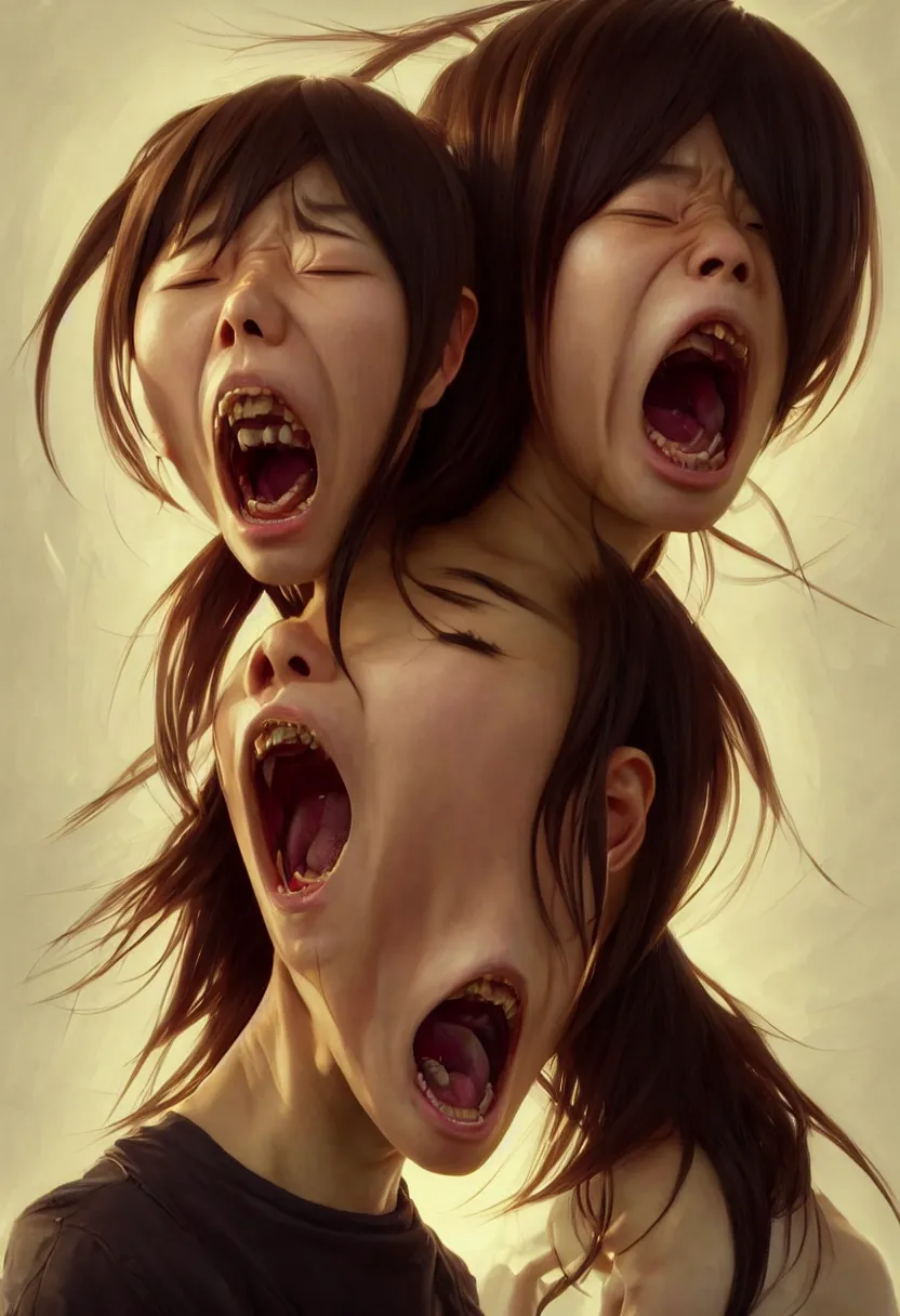 Prompt: beautiful render, waist up portrait of a futuristic cute japanese teenager screaming in anger and frustration, intricate, elegant, highly detailed, digital painting, artstation, concept art, smooth, sharp focus, octane render, dramatic lighting, symmetry, symmetrical face, one head, headshot, art by artgerm and greg rutkowski and alphonse mucha and wlop