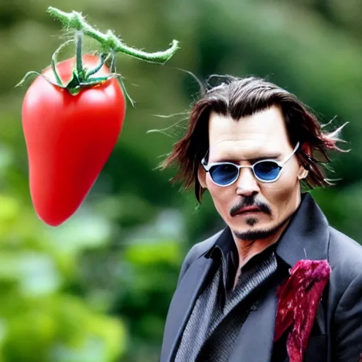 Prompt: johnny depp as a tomato, battles for his life