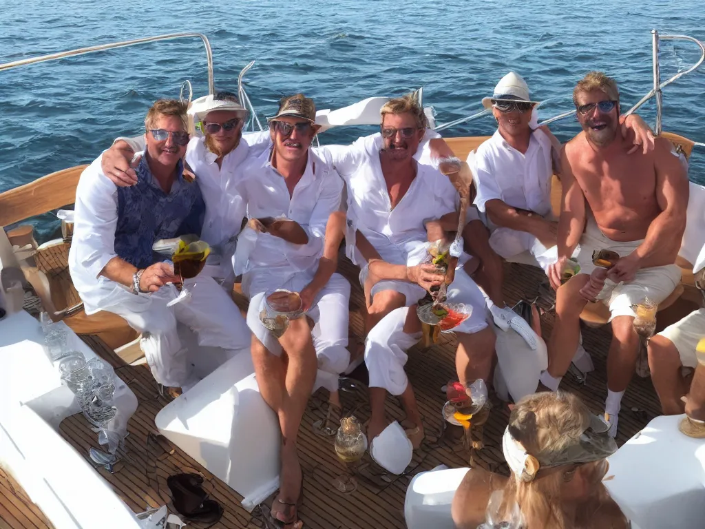 Prompt: yacht party with the beaver boys, eating shrimp cocktail and drinking white wine
