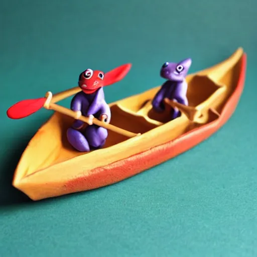 Image similar to polymer clay dragons in a canoe, eating pizza, claymation