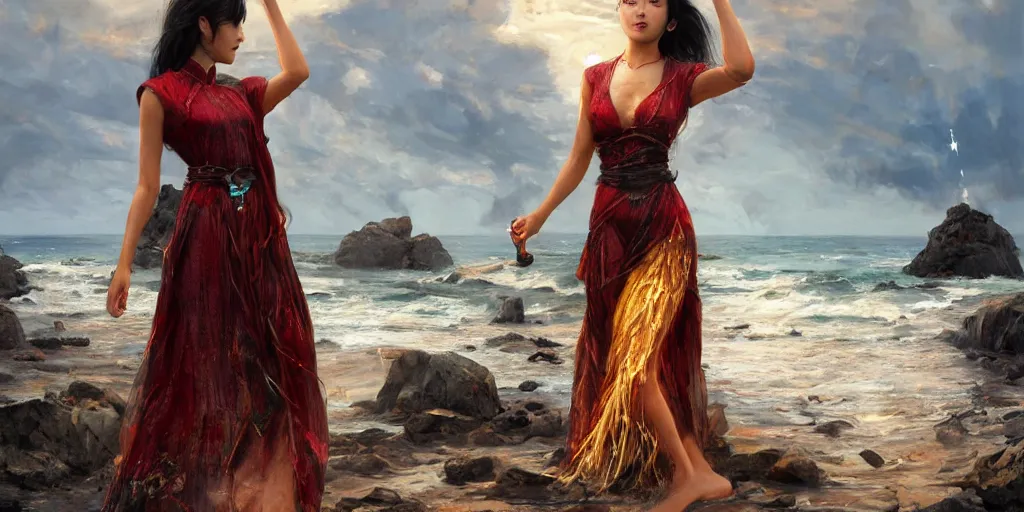 Image similar to ! dream photorealistic long shot of a dark mystical goddess wearing a qipao dress, big sun rough sea and jagged rocks, nets, plastic bottles, garbage, sand and sea, golden hour, ao dai, environmental, fantasy, atmospheric, hyper realistic, artstation, art by artgerm, andres rodriguez and john william waterhouse