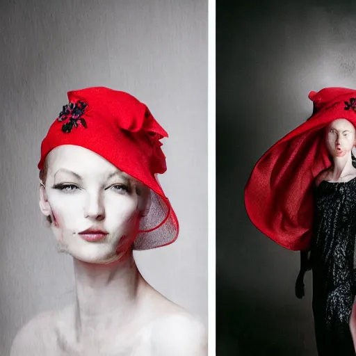 Image similar to half - length portrait of girl in a red hat and black dress, fine art portrait photography by paolo roversi, volumetric lighting, very detailed, high resolution,