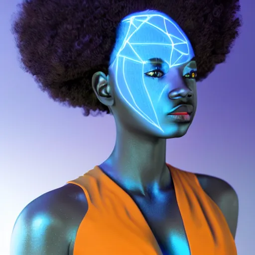 Image similar to a close up picture of a dark skinned afrofuturism dynamic romantic goddess with blue and black lighting in the style of octane 3D