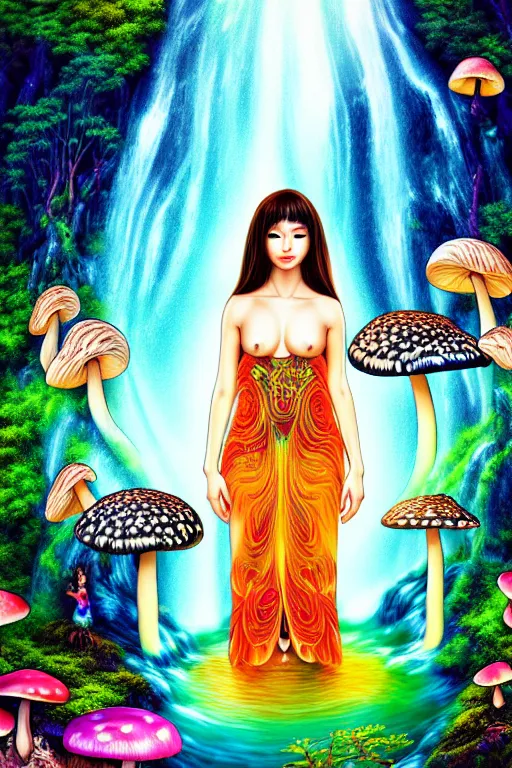 Prompt: a realistic portrait of a beautiful asian mushroom goddess, standing inside a waterfall, in an enchanted psychedelic mushroom forest, butterflies, sunbeams at sunset, wlop