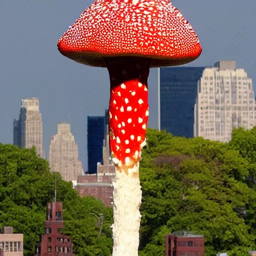 Image similar to a giant amanita muscaria in the New York skyline