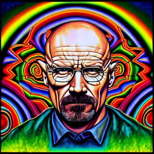 Prompt: psychedelic portrait of walter white painted by alex grey, tool album cover art