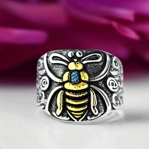 Image similar to a bee - patterned silver stone ring, realistic, high detailed, light colors