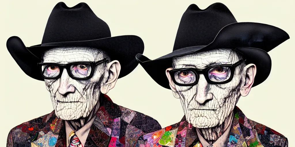 Image similar to full view of william s burroughs, wearing a cowboy hat, style of yoshii chie and hikari shimoda and martine johanna, highly detailed