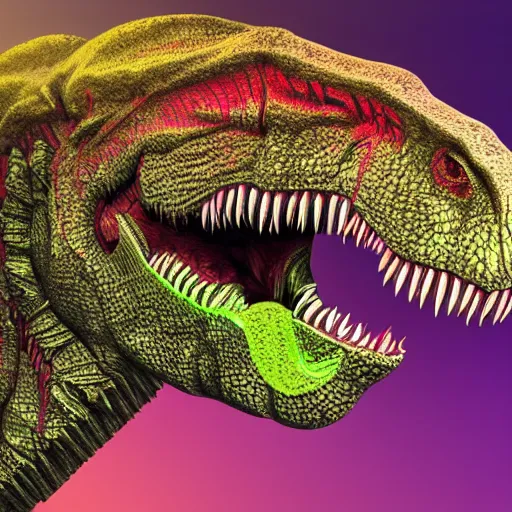 Prompt: t - rex drinking a giant ipa, hop vibes growing everywhere intricate complexity, inverted rainbow drip paint, psychedelic glitch art, trending on art station, photoreal, 8 k, octane render