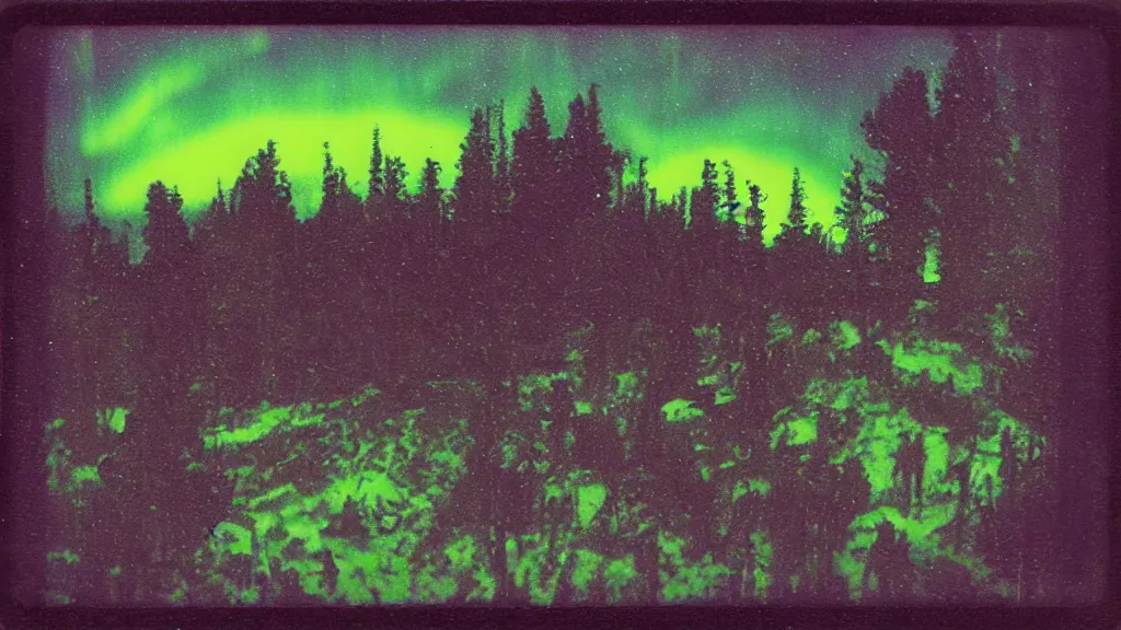 Image similar to haunted psychedelic VHS glitch polaroid of a night sky dark enclosed, winding hillside path, cozy, campfire, aurora, quiet forest night scene, spangle