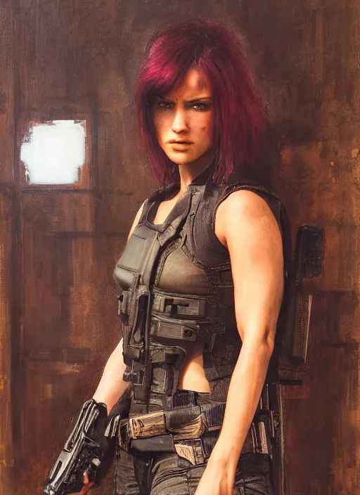 Image similar to 💃🏻. cyberpunk mercenary in a military vest ( blade runner 2 0 4 9, cyberpunk 2 0 7 7 ). orientalist portrait by john william waterhouse and james gurney and theodore ralli and nasreddine dinet, oil on canvas. cinematic, hyper realism, realistic proportions, dramatic lighting, high detail 4 k
