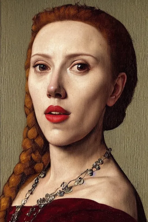 Image similar to portrait of scarlett johansson, oil painting by jan van eyck, by hans holbein, northern renaissance art, old masters, alla prima, realistic, expressive emotions, intricate textures, illusionistic detail, masterpiece