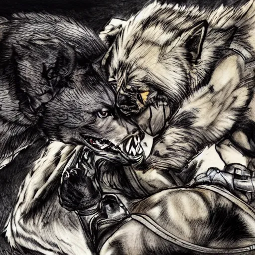 Image similar to a humanoid german shepherd beast - man wrestling with another german shepherd in the middle of an arena, pencil art, added detail, high definiton, colored, aerial viewyoji shinkawa