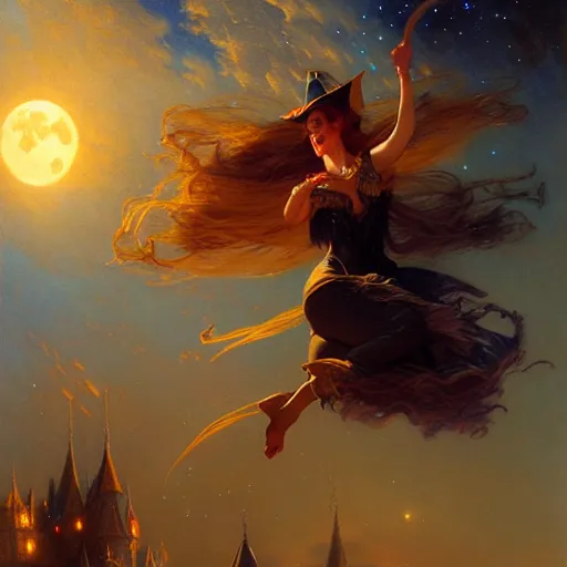 Image similar to attractive witch magically flying trough the night, fantasy, full moon in background. highly detailed painting by gaston bussiere, craig mullins, j. c. leyendecker 8 k