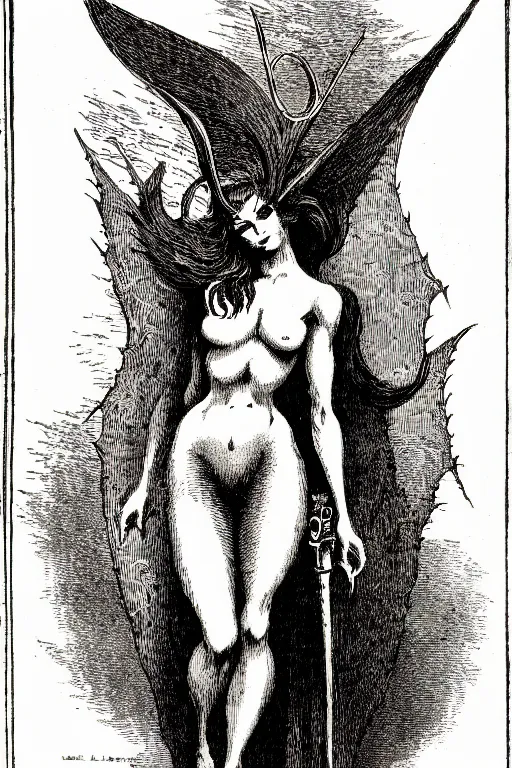 Image similar to cait sidhe, as a demon from the dictionarre infernal, pen - and - ink illustration, etching by louis le breton, 1 8 6 9, 1 2 0 0 dpi scan, ultrasharp detail, hq scan, intricate details, stylized border